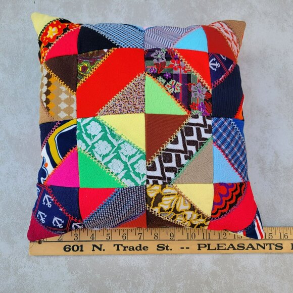 Vintage Crazy Patchwork Throw Pillow 14x14 Polyester Handmade Quilted Embroidery - Picture 4 of 16